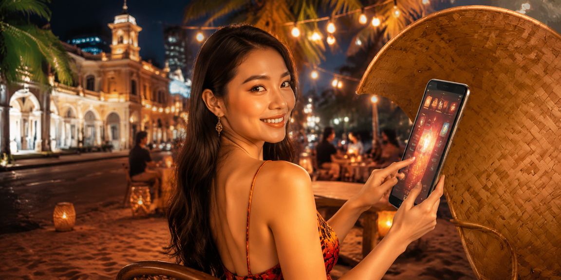 Người phụ nữ đội nón lá tại TP.HCM trải nghiệm casino mobile và kiểm tra voucher ưu đãi