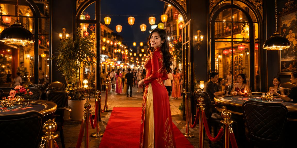 Người chơi mặc áo dài tại Hội An thưởng thức trò chơi bài trực tuyến